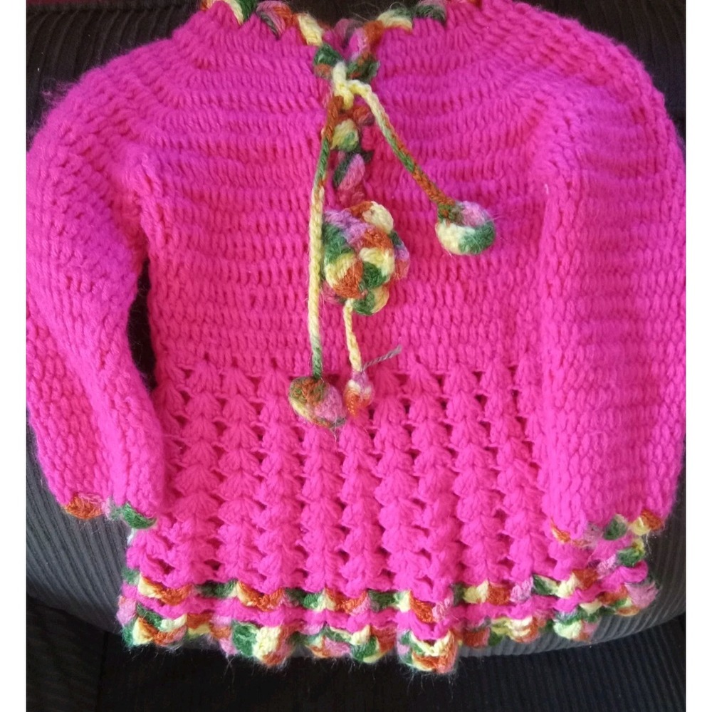 Vintage Girls Pink 1970s Handmade Knit Dress With Pom Pom Tassels 3T Crochet